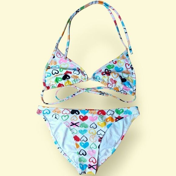 🌼4/$30 Bamboo Island White Peace & Love Bikini Swim Set Medium - Picture 1 of 5
